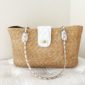 Chic Tan and White Woven Tote Bag